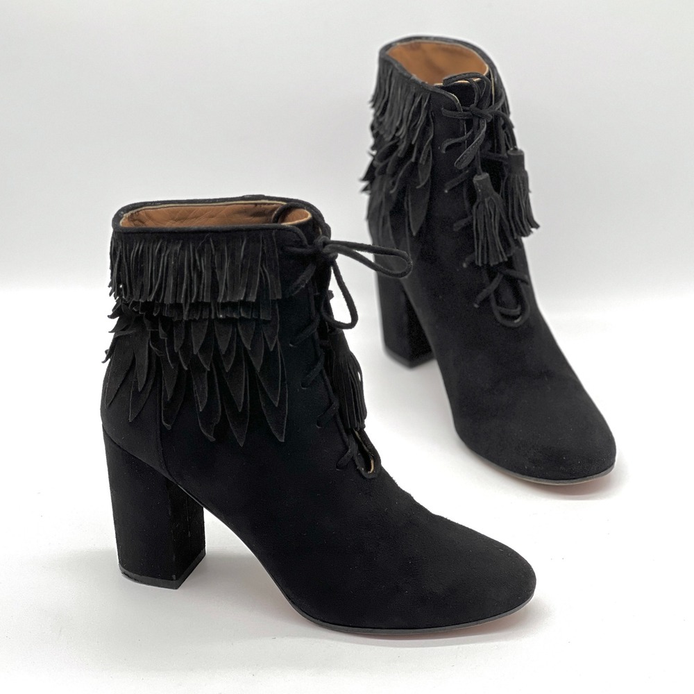 AQUAZZURA Woodstock Fringe Suede Ankle Boot 7 Black Block Heel Lace Up Shoe